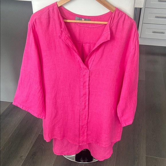 Linen Tunic Top 3/4 Sleeves Made in Italy Lagenlook Hot Pink Size M -L - Picture 3 of 12